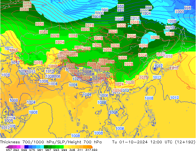 Thck 700-1000 гПа ECMWF вт 01.10.2024 12 UTC