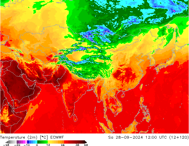 mapa temperatury (2m) ECMWF so. 28.09.2024 12 UTC