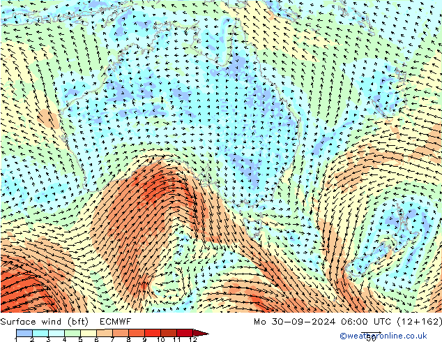 Surface wind (bft) ECMWF Mo 30.09.2024 06 UTC