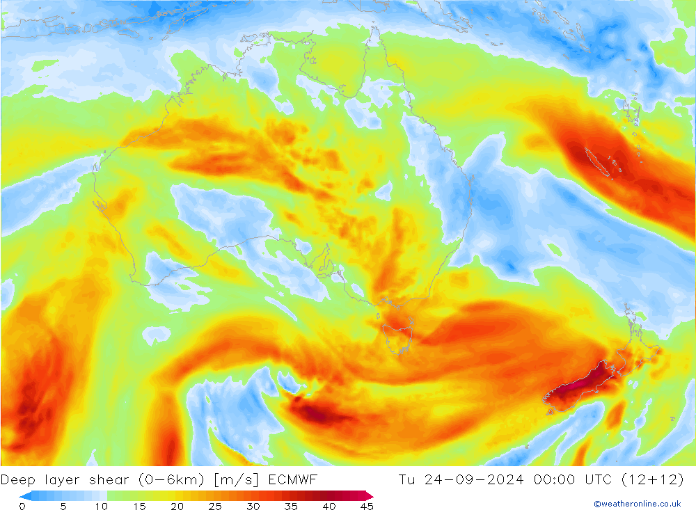 Deep layer shear (0-6km) ECMWF Tu 24.09.2024 00 UTC