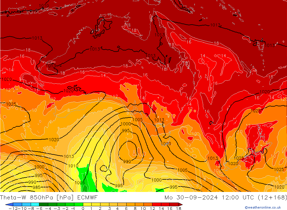 Theta-W 850гПа ECMWF пн 30.09.2024 12 UTC