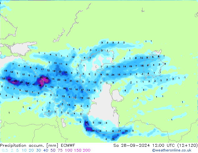 Precipitación acum. ECMWF sáb 28.09.2024 12 UTC