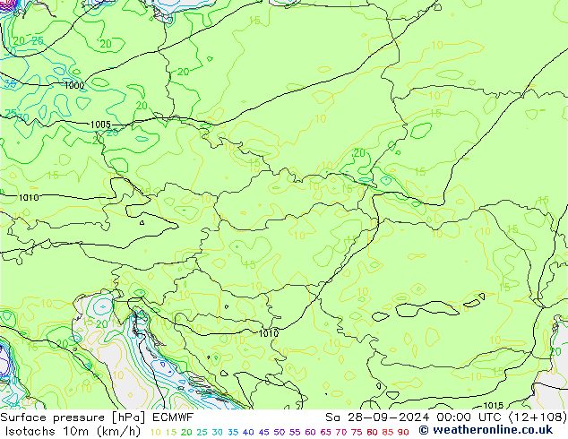 Isotaca (kph) ECMWF sáb 28.09.2024 00 UTC