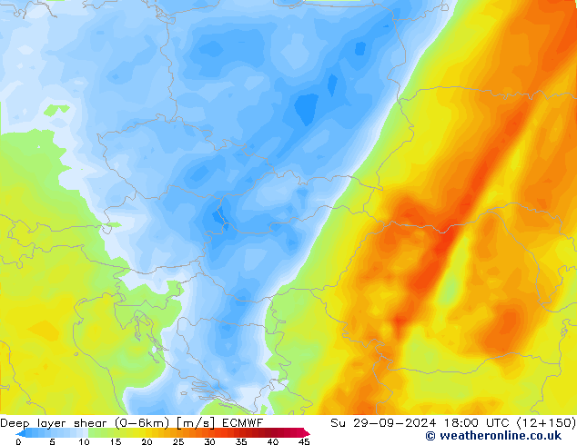 Deep layer shear (0-6km) ECMWF So 29.09.2024 18 UTC