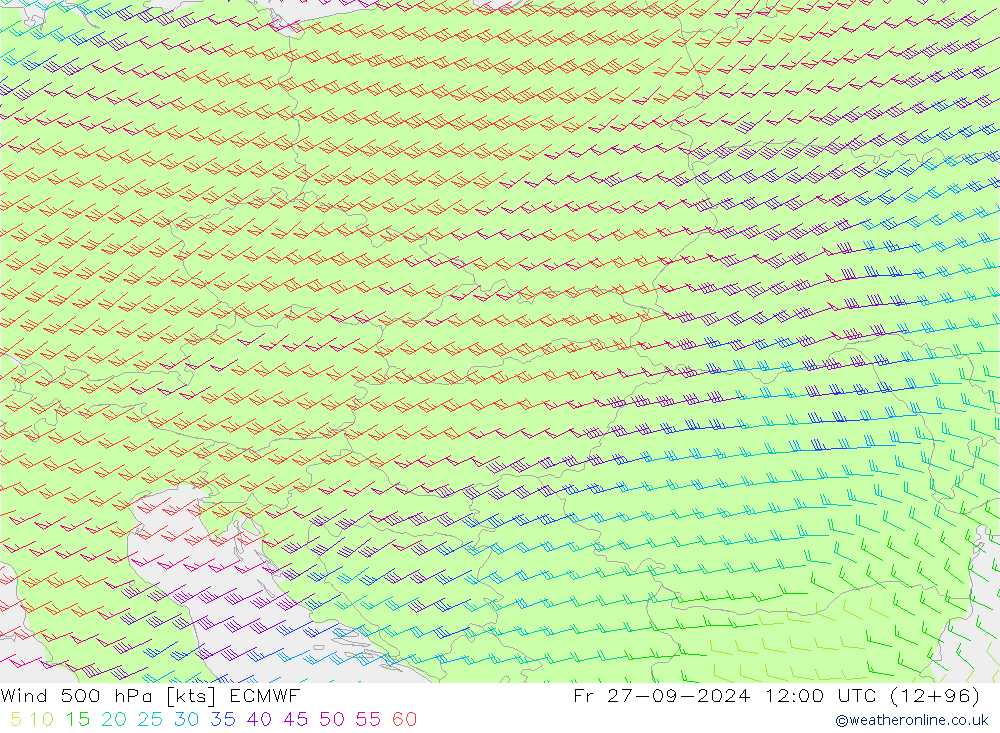 Vento 500 hPa ECMWF ven 27.09.2024 12 UTC