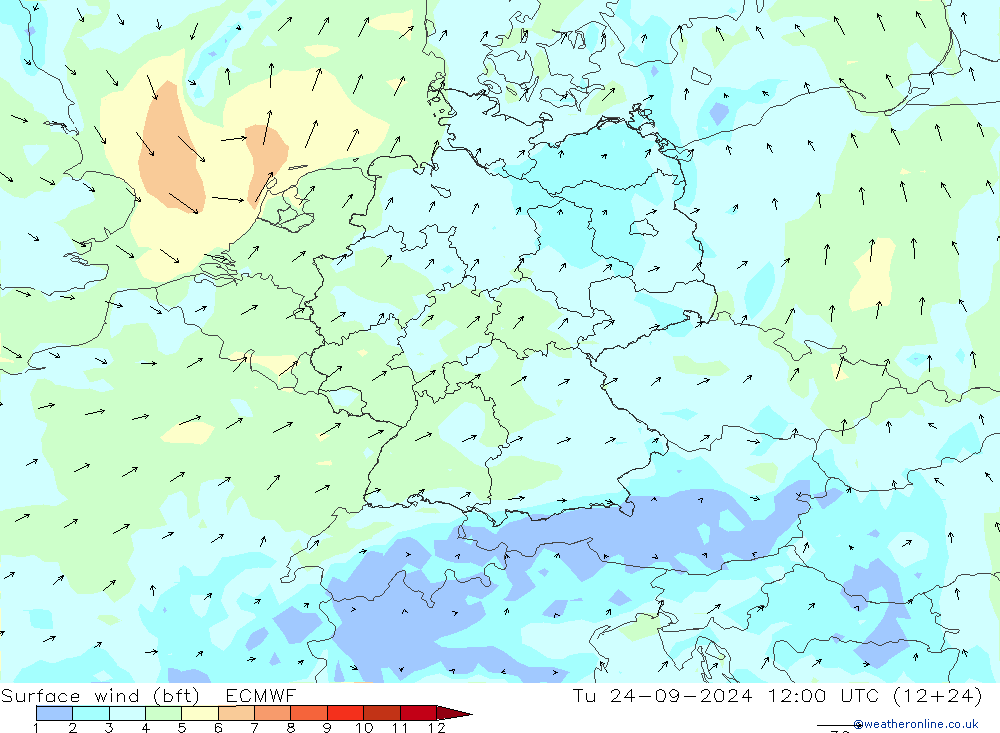 Surface wind (bft) ECMWF Út 24.09.2024 12 UTC