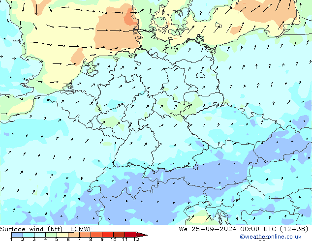 Vent 10 m (bft) ECMWF mer 25.09.2024 00 UTC