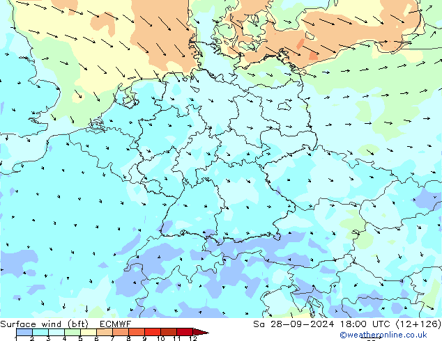 Rüzgar 10 m (bft) ECMWF Cts 28.09.2024 18 UTC