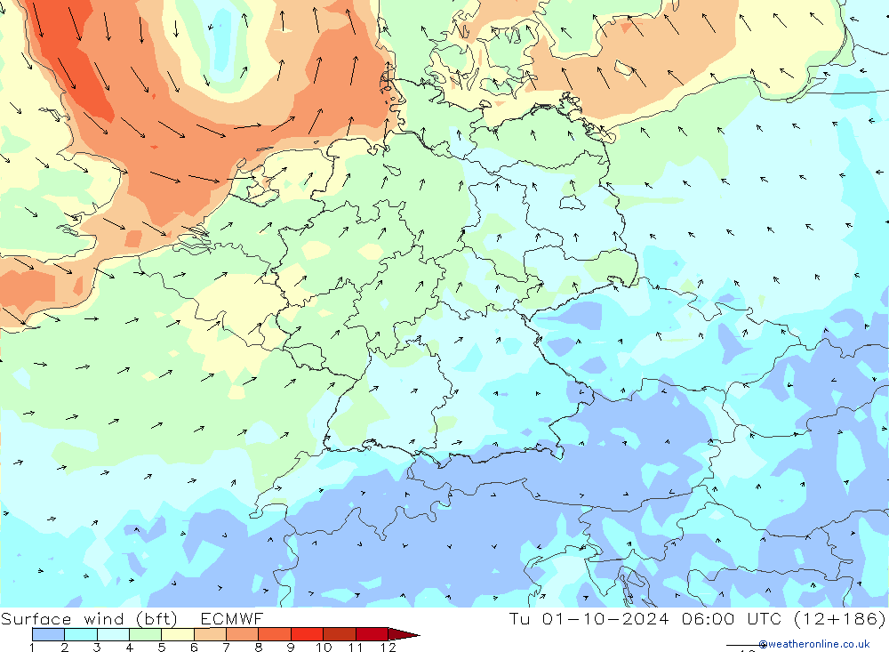 Vento 10 m (bft) ECMWF Ter 01.10.2024 06 UTC