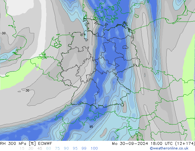 RH 300 гПа ECMWF пн 30.09.2024 18 UTC