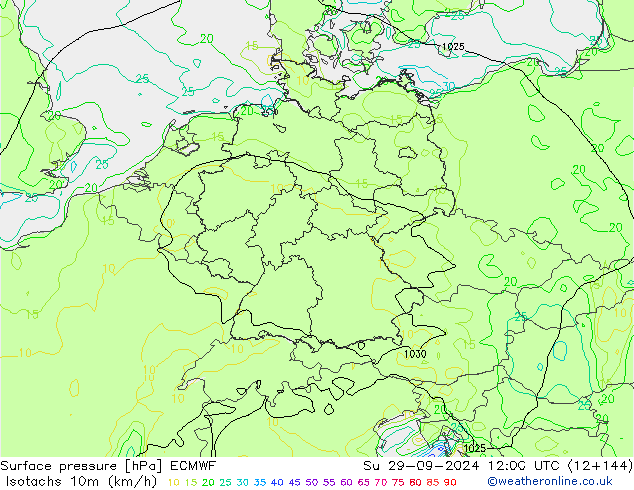 Eşrüzgar Hızları (km/sa) ECMWF Paz 29.09.2024 12 UTC