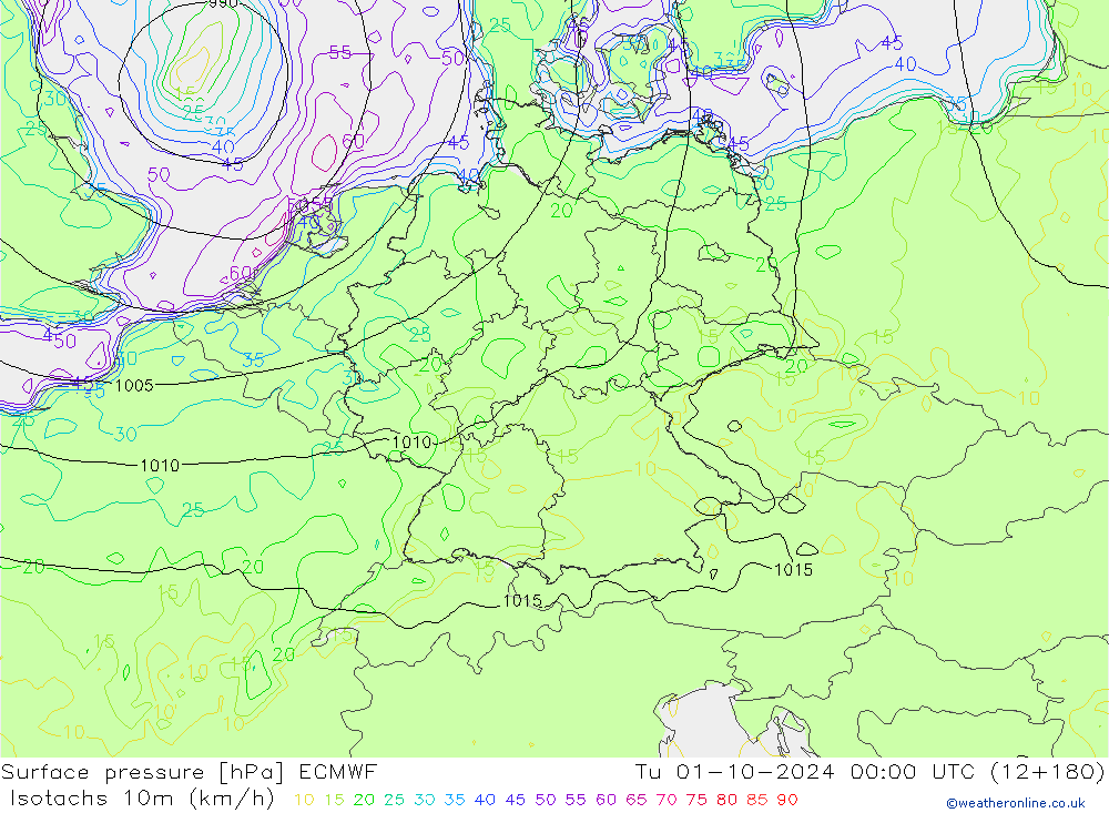 Isotachs (kph) ECMWF Tu 01.10.2024 00 UTC