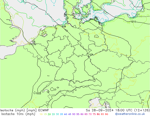 Isotachs (mph) ECMWF сб 28.09.2024 18 UTC