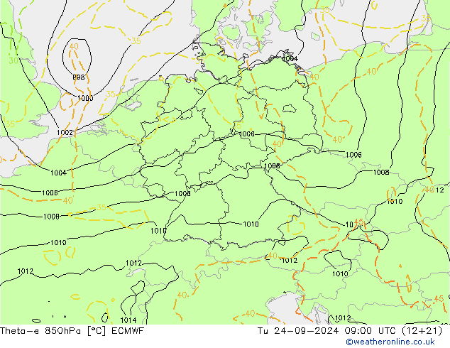 Theta-e 850hPa ECMWF Tu 24.09.2024 09 UTC