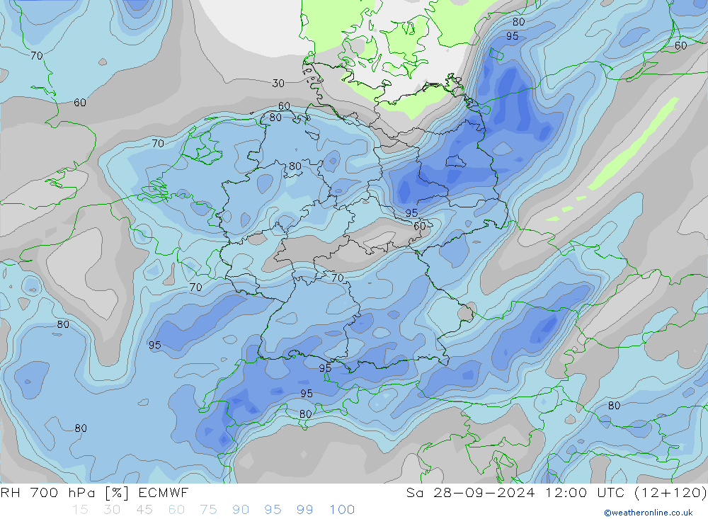 Humedad rel. 700hPa ECMWF sáb 28.09.2024 12 UTC