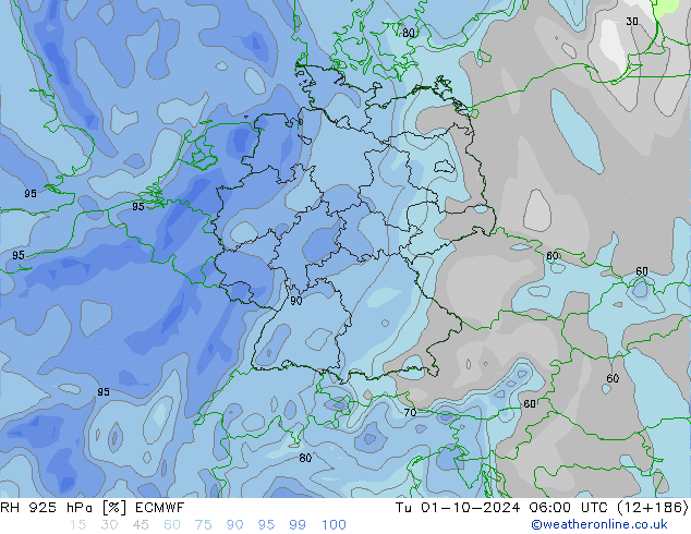 RH 925 hPa ECMWF Tu 01.10.2024 06 UTC