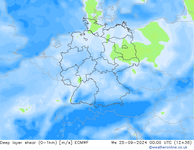 Deep layer shear (0-1km) ECMWF mer 25.09.2024 00 UTC