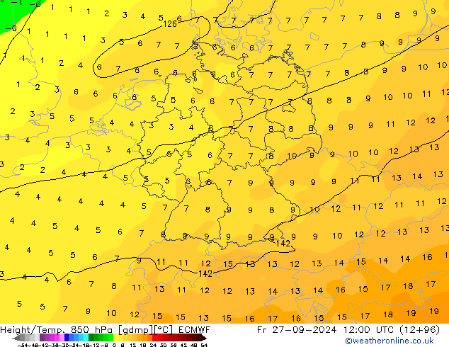 Height/Temp. 850 hPa ECMWF pt. 27.09.2024 12 UTC