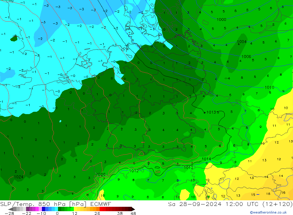 SLP/Temp. 850 hPa ECMWF Sáb 28.09.2024 12 UTC