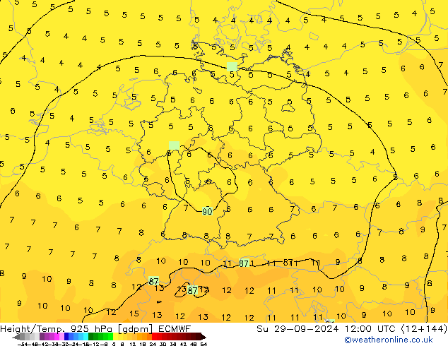 Height/Temp. 925 hPa ECMWF Ne 29.09.2024 12 UTC