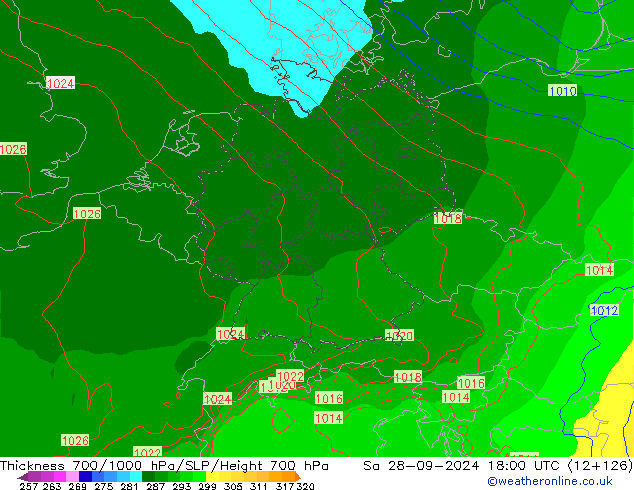 Thck 700-1000 гПа ECMWF сб 28.09.2024 18 UTC