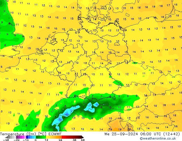 Temperatura (2m) ECMWF mer 25.09.2024 06 UTC