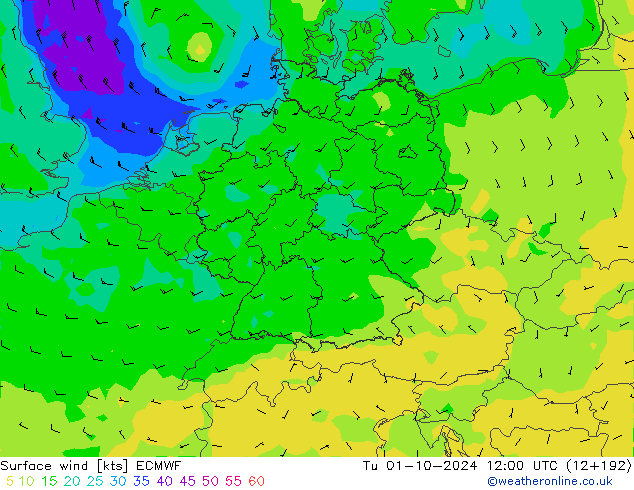 Rüzgar 10 m ECMWF Sa 01.10.2024 12 UTC