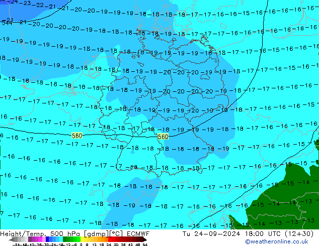 Height/Temp. 500 hPa ECMWF Út 24.09.2024 18 UTC