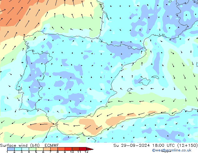 wiatr 10 m (bft) ECMWF nie. 29.09.2024 18 UTC