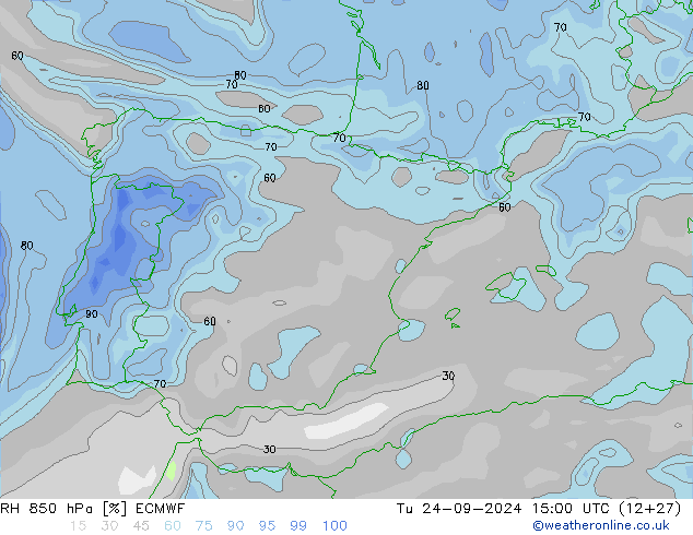 Humidité rel. 850 hPa ECMWF mar 24.09.2024 15 UTC