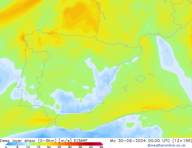 Deep layer shear (0-6km) ECMWF Mo 30.09.2024 00 UTC