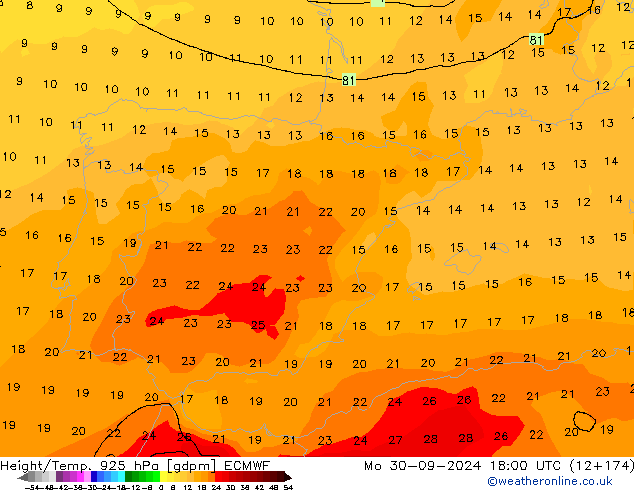 Height/Temp. 925 hPa ECMWF Mo 30.09.2024 18 UTC