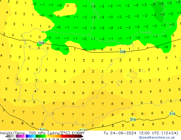 Height/Temp. 700 hPa ECMWF Ter 24.09.2024 12 UTC