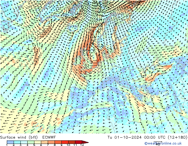 ве�Bе�@ 10 m (bft) ECMWF вт 01.10.2024 00 UTC