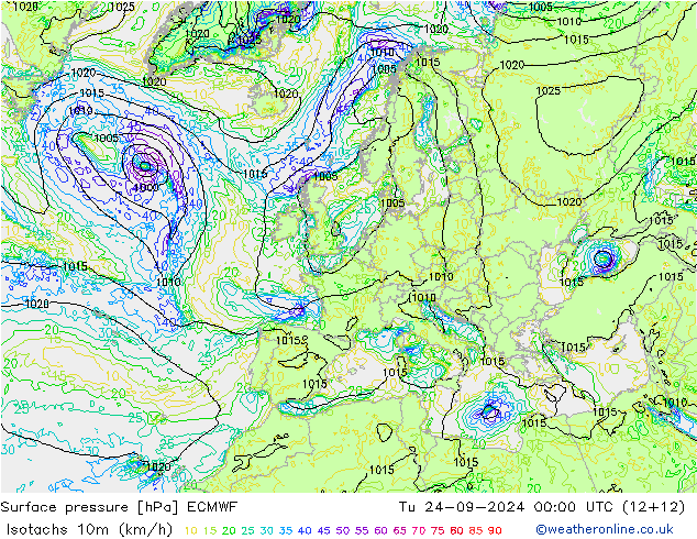 Isotachs (kph) ECMWF вт 24.09.2024 00 UTC