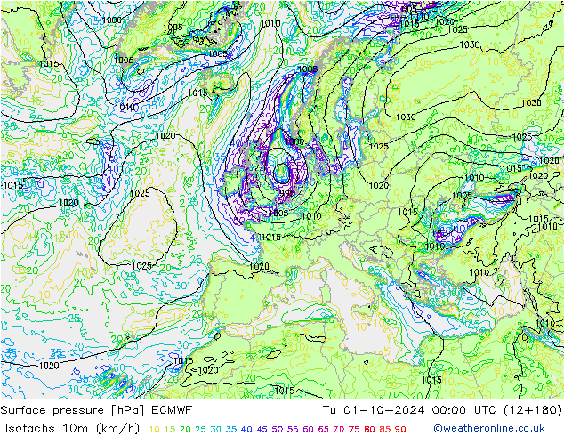 Isotaca (kph) ECMWF mar 01.10.2024 00 UTC