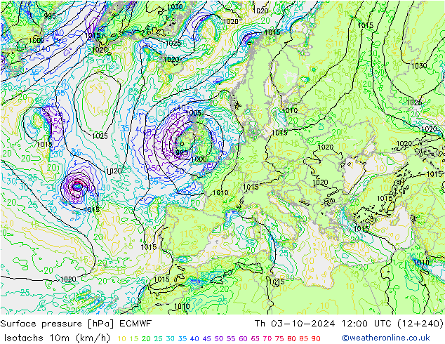 Isotachs (kph) ECMWF gio 03.10.2024 12 UTC