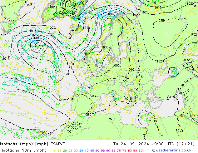 Isotachs (mph) ECMWF вт 24.09.2024 09 UTC