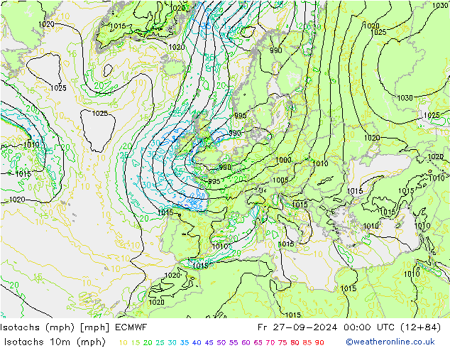 Isotachs (mph) ECMWF ven 27.09.2024 00 UTC