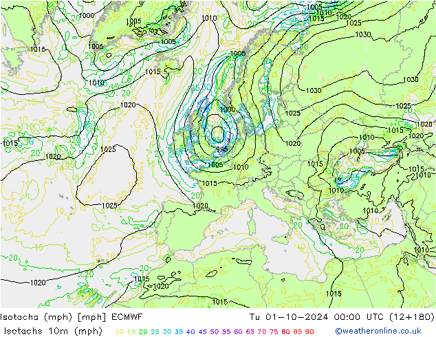 Isotachs (mph) ECMWF Út 01.10.2024 00 UTC