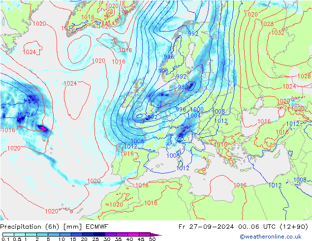 Precipitation (6h) ECMWF Fr 27.09.2024 06 UTC