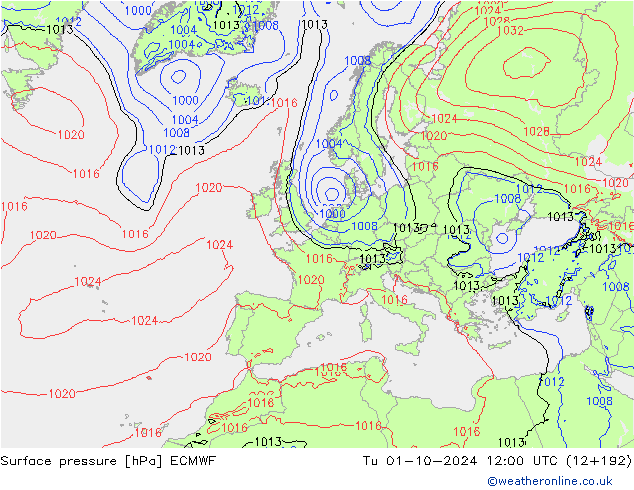 Surface pressure ECMWF Tu 01.10.2024 12 UTC