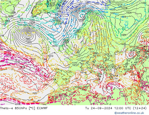 Theta-e 850hPa ECMWF Di 24.09.2024 12 UTC