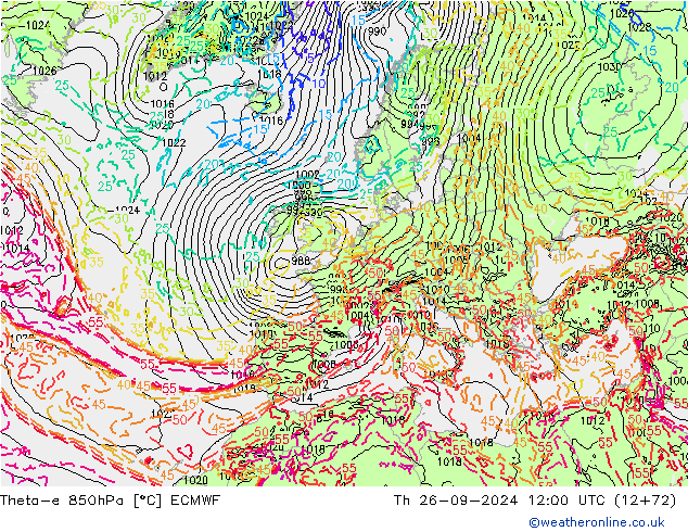 Theta-e 850hPa ECMWF Do 26.09.2024 12 UTC