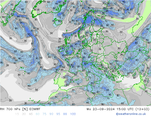 RH 700 гПа ECMWF пн 23.09.2024 15 UTC