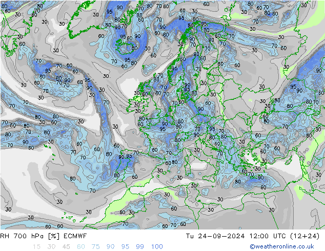 RH 700 hPa ECMWF Ter 24.09.2024 12 UTC