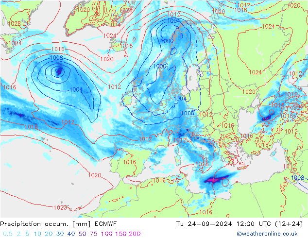 Precipitation accum. ECMWF Tu 24.09.2024 12 UTC