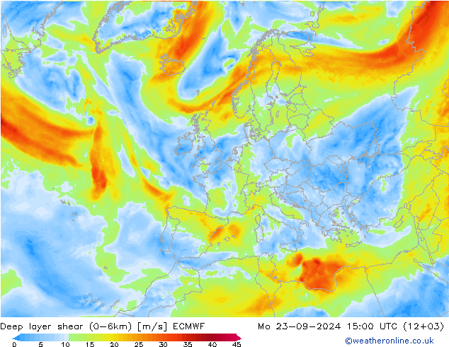 Deep layer shear (0-6km) ECMWF lun 23.09.2024 15 UTC