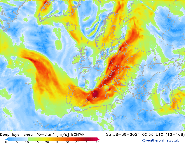 Deep layer shear (0-6km) ECMWF sáb 28.09.2024 00 UTC