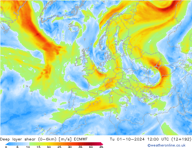 Deep layer shear (0-6km) ECMWF mar 01.10.2024 12 UTC